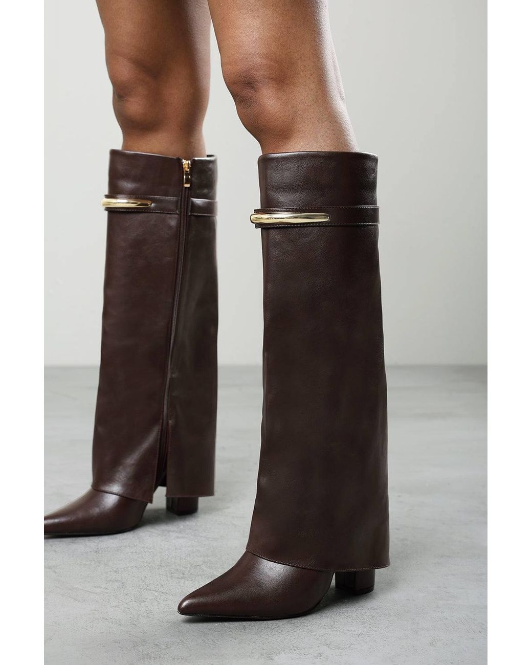 Where's That From Black Nareva Fold Over Shark Block Heel Point Toe Boots With Trim Detail