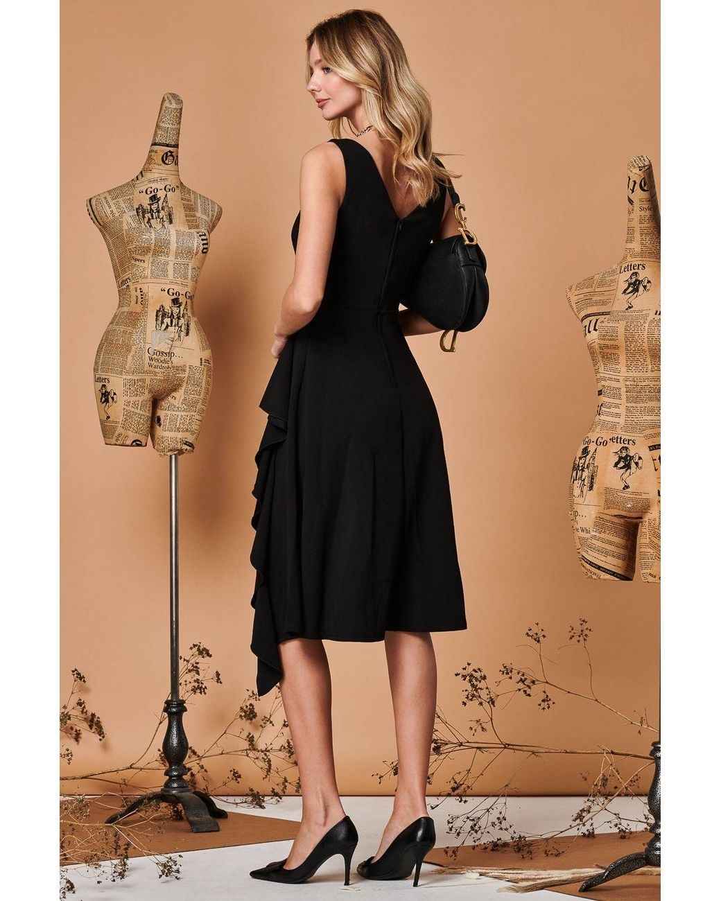 Jolie Moi Black Fit & Flare Ruffle Detail Midi Dress