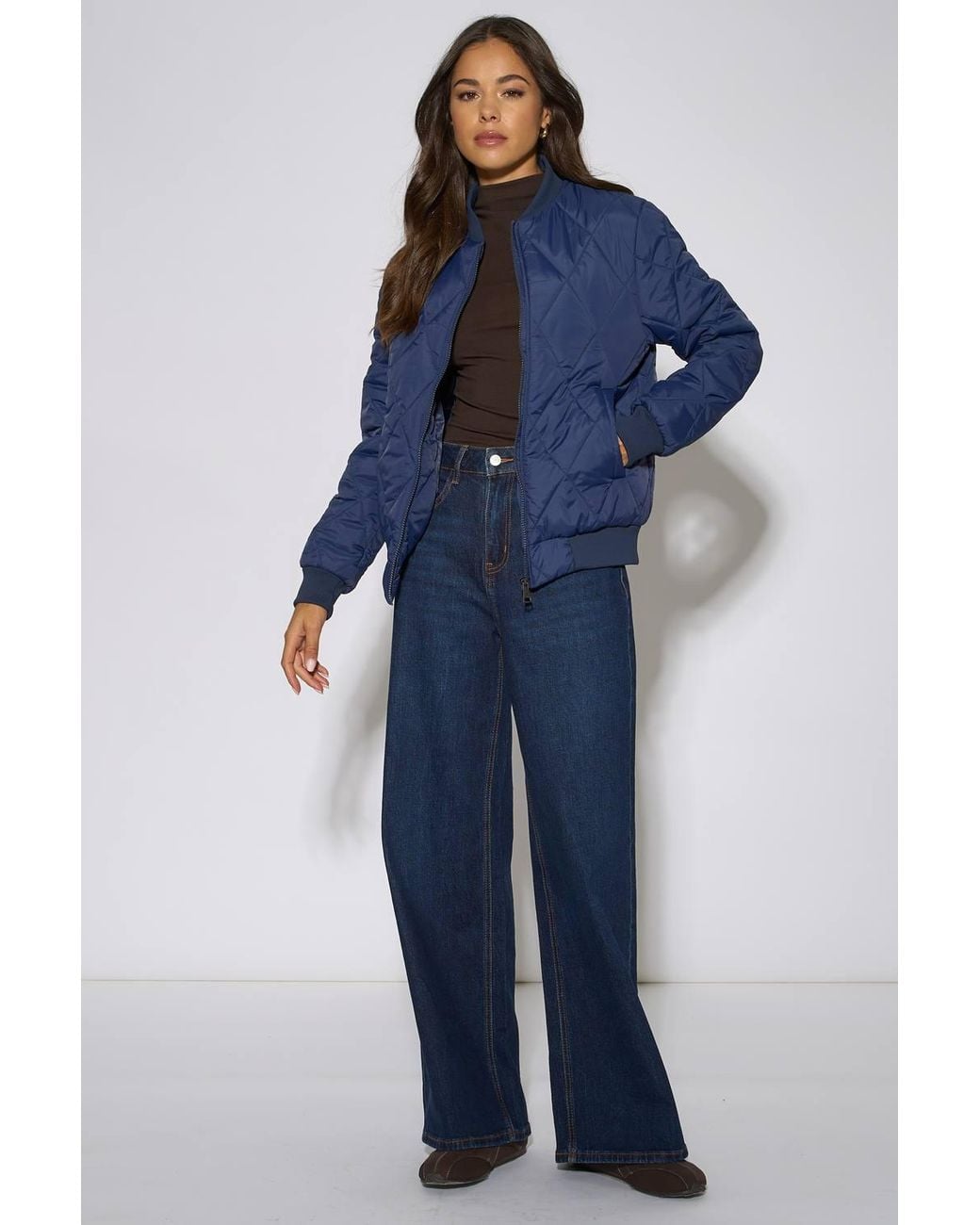 Gini London Blue Rib Trim Puffer Bomber Jacket