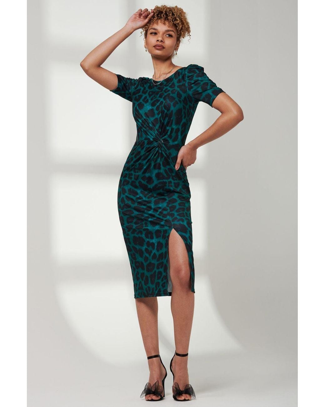 Jolie Moi Green Arica Jersey Puff Sleeve Bodycon Midi Dress