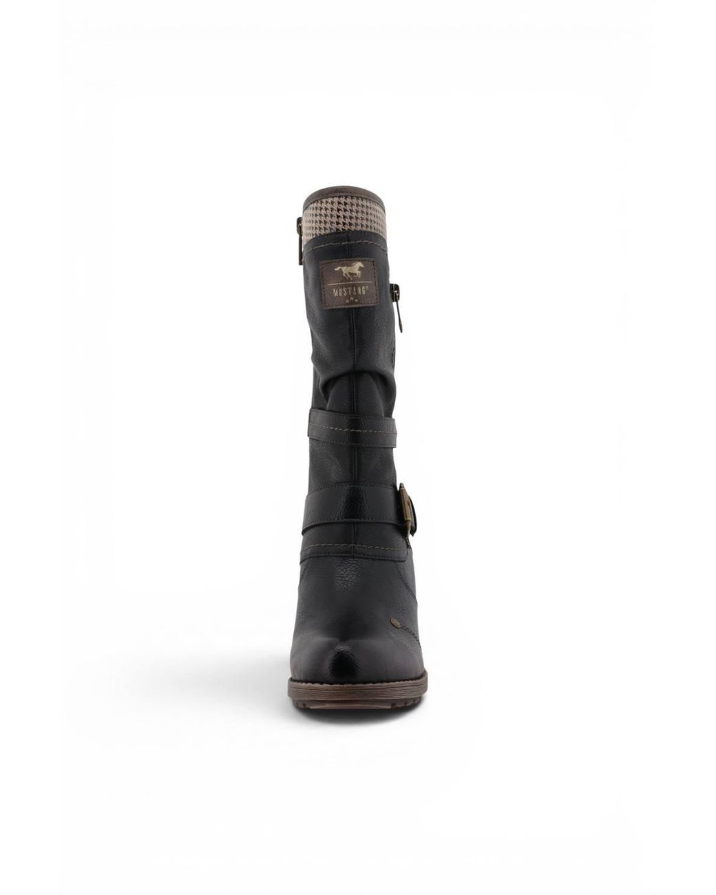 Infinity Leather Black Mustang Mid-Calf Heeled Long Boots