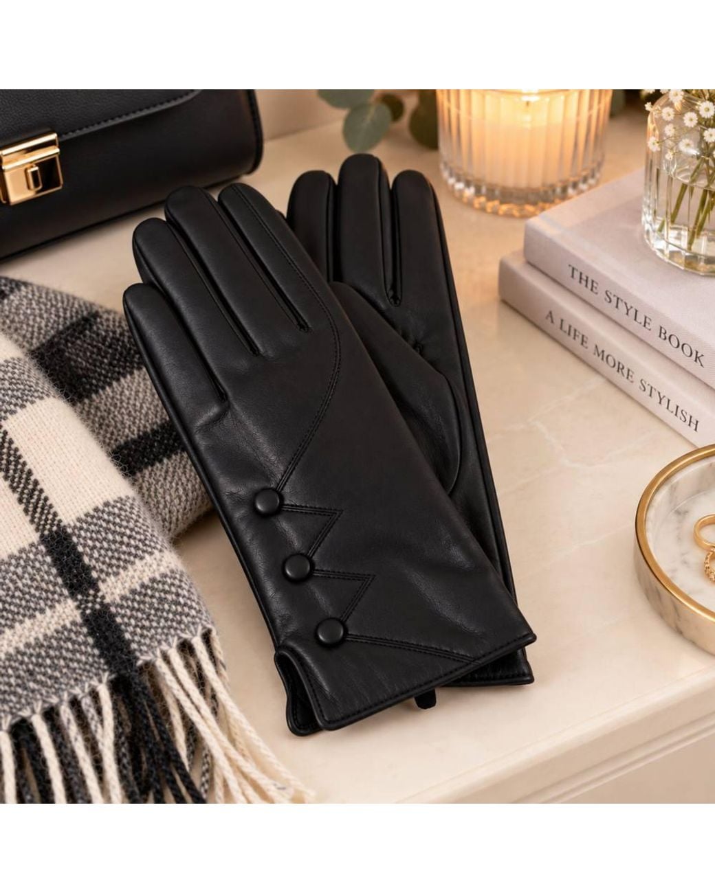 Love EMVY Blue Faux Leather Button Detail Soft Lined Gloves