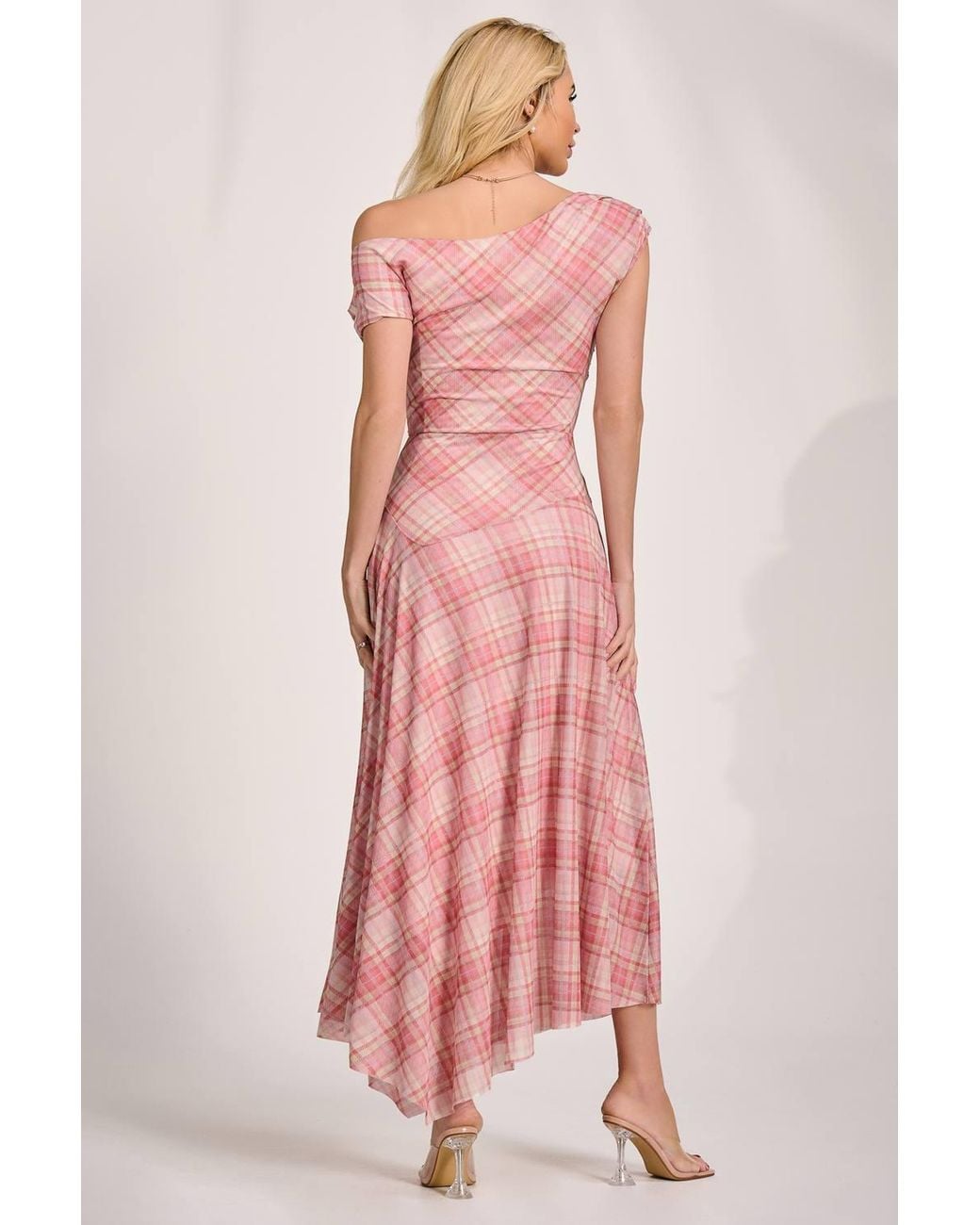 Jolie Moi Pink Asymmetric Draped Mesh Maxi Dress