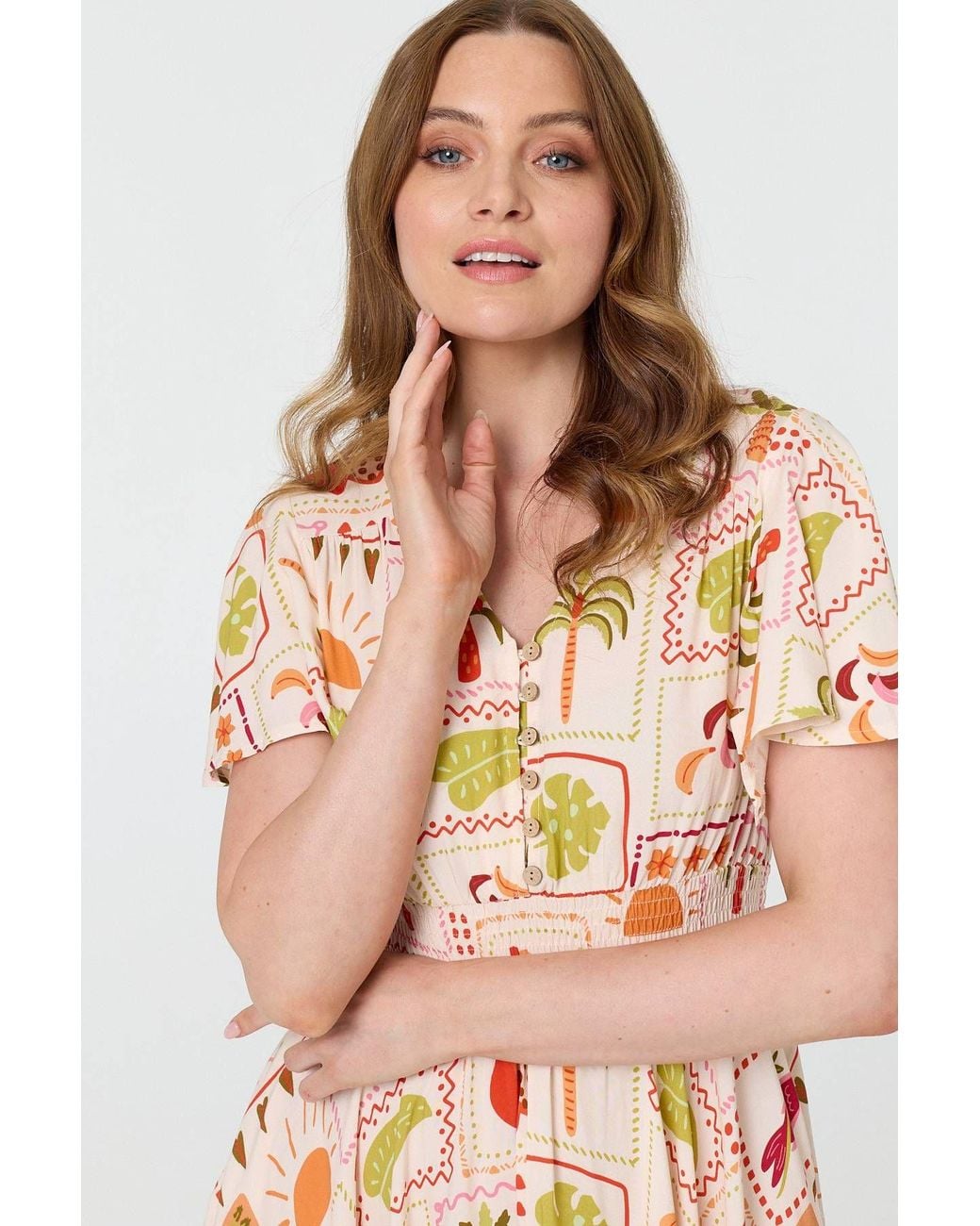 Izabel London Pink Printed V-Neck Shirred Knee Length Dress