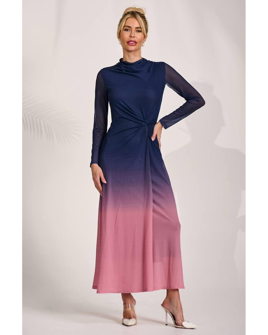 Jolie Moi Pink Petite Long Sleeve Mesh Maxi Dress