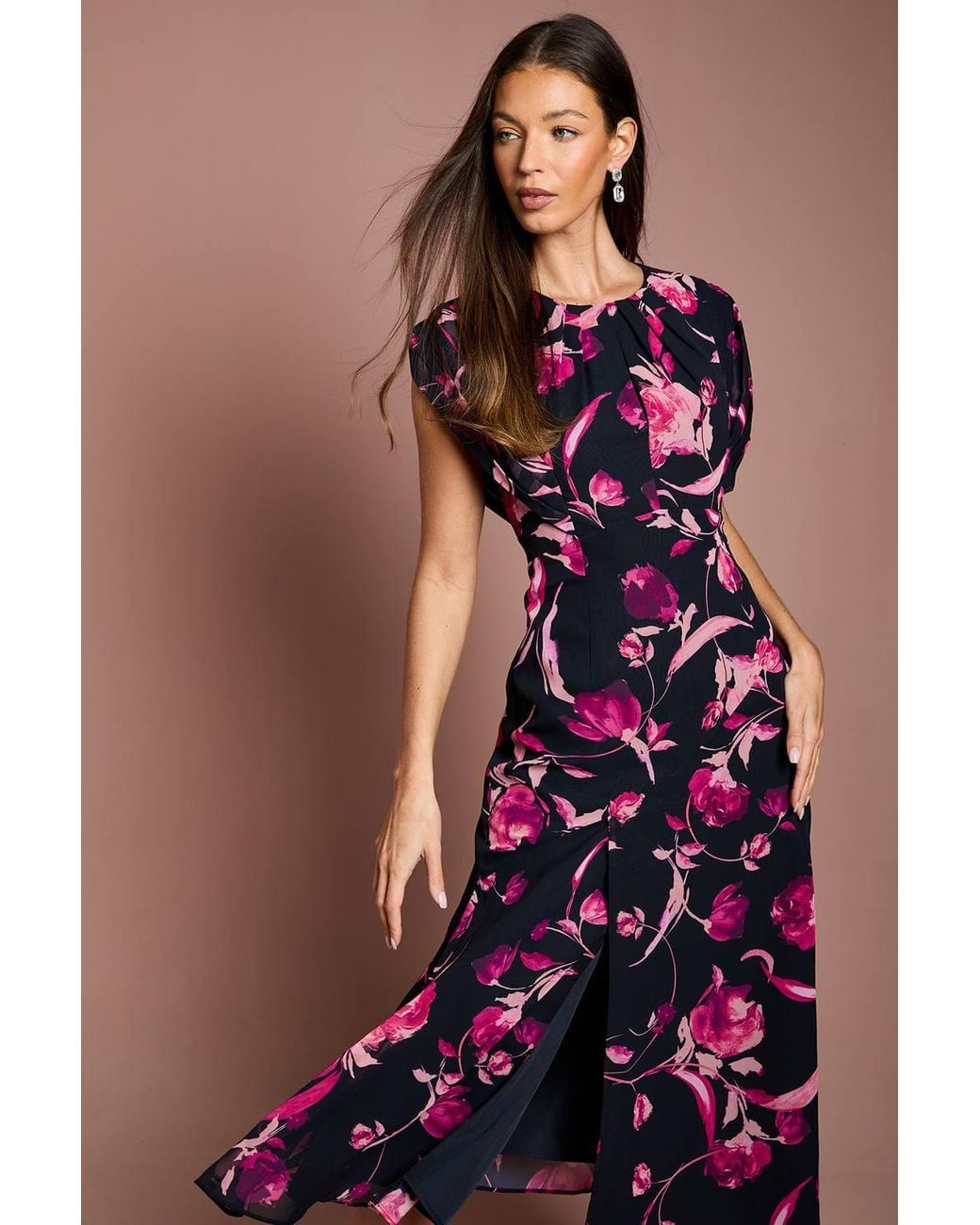 Coast Blue Cap Sleeve Floral Chiffon Midi Dress