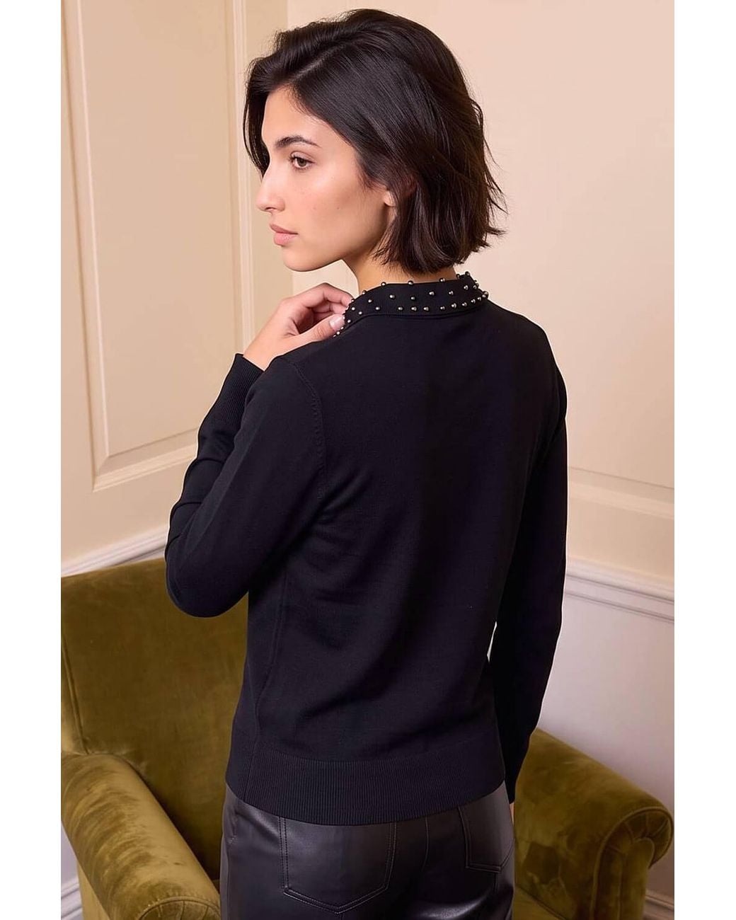 Roman Black Petite Faux Pearl Collared Knit Jumper