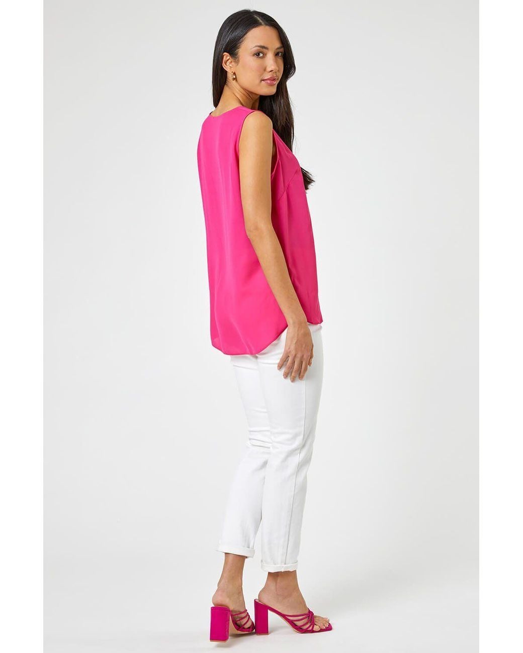 Roman Pink V-Neck Sleeveless Vest Pleat Top