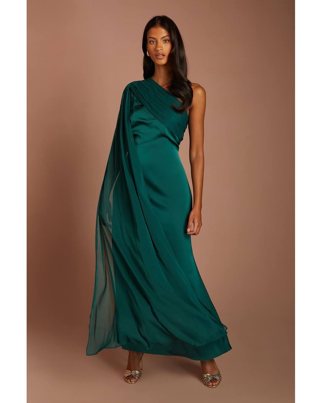 Coast Blue Petite Satin One Shoulder Chiffon Drape Maxi Dress