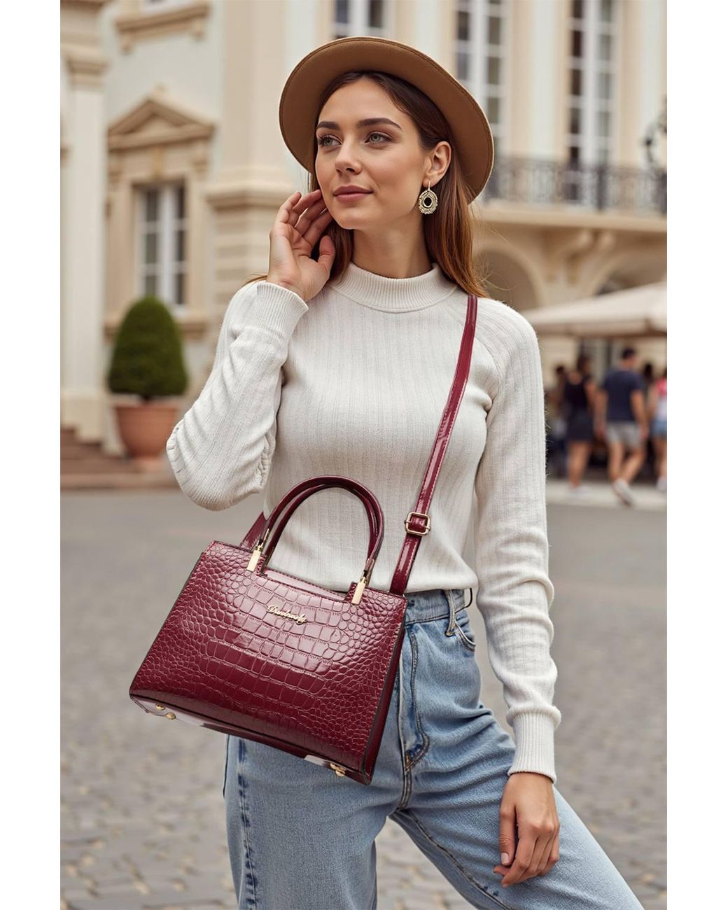 MODISHION Red Glossy Pu Croc-Embossed Handbag With Crossbody Strap