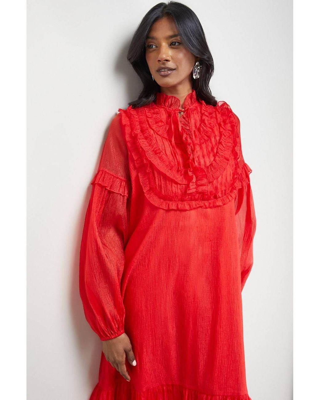 Warehouse Red Premium Crinkle Stripe Organza Frill Pleat Detail Midi Dress