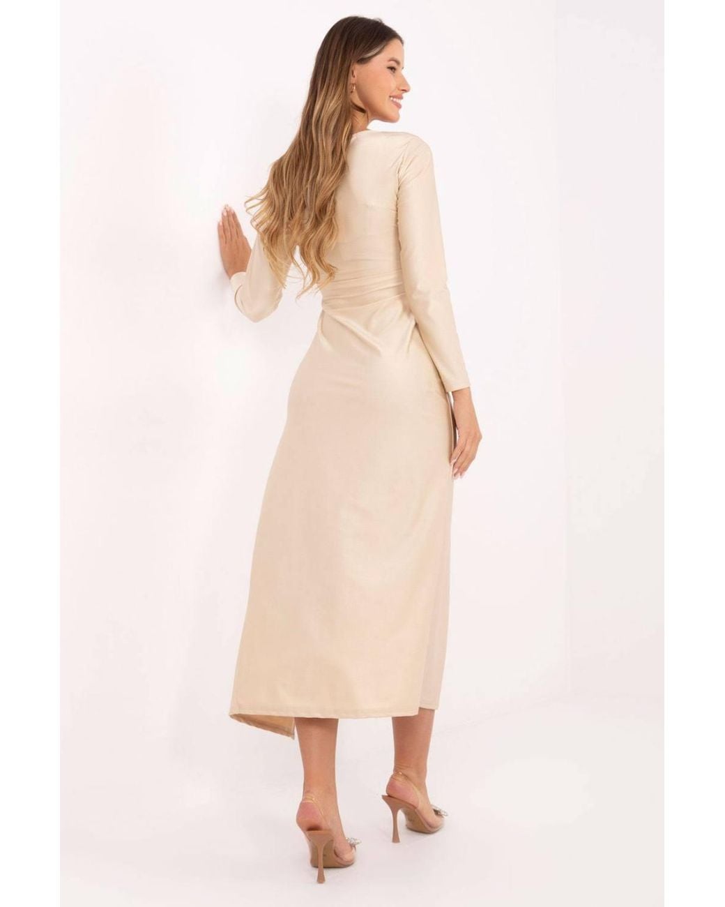 Love Lace Natural Pleated Wrap Midi Evening Dress