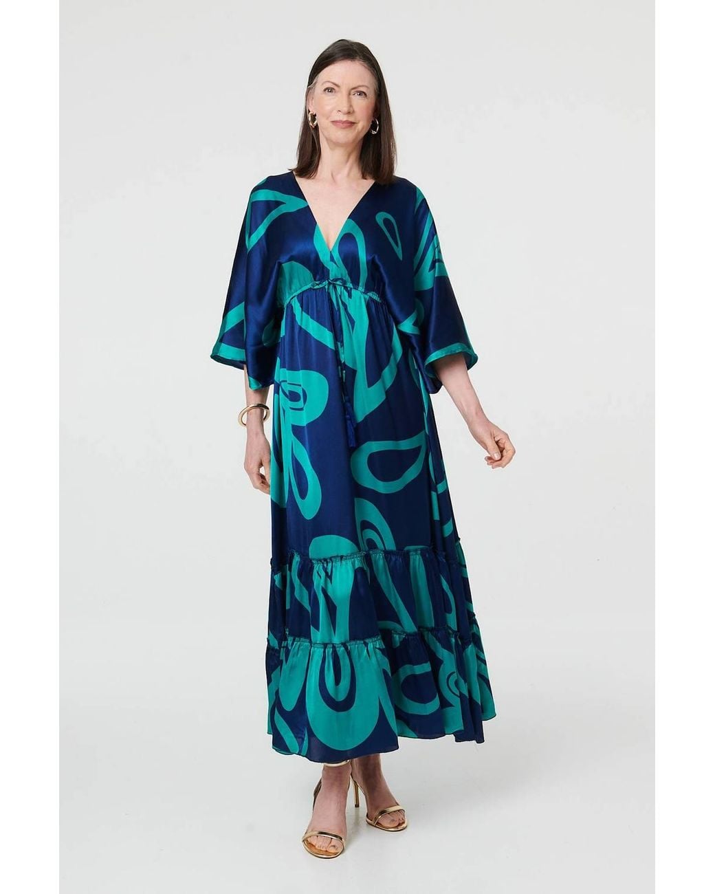 Izabel London Blue Abstract Relaxed 3/4 Sleeve Maxi Dress