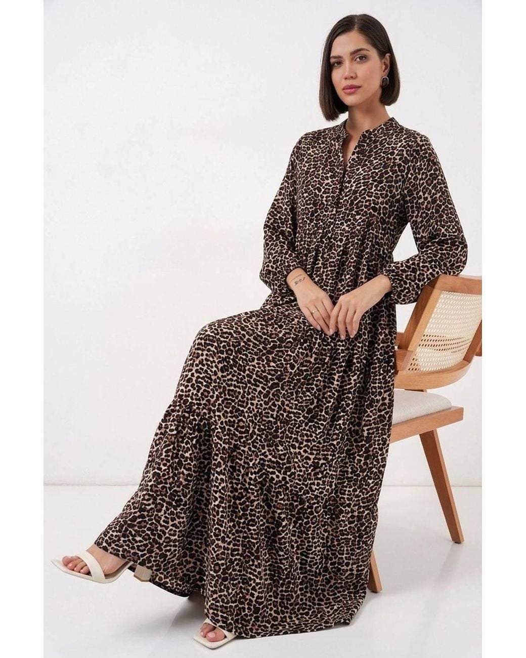 Bigdart Brown Patterned V-Neck Maxi Dress With Button Closure
