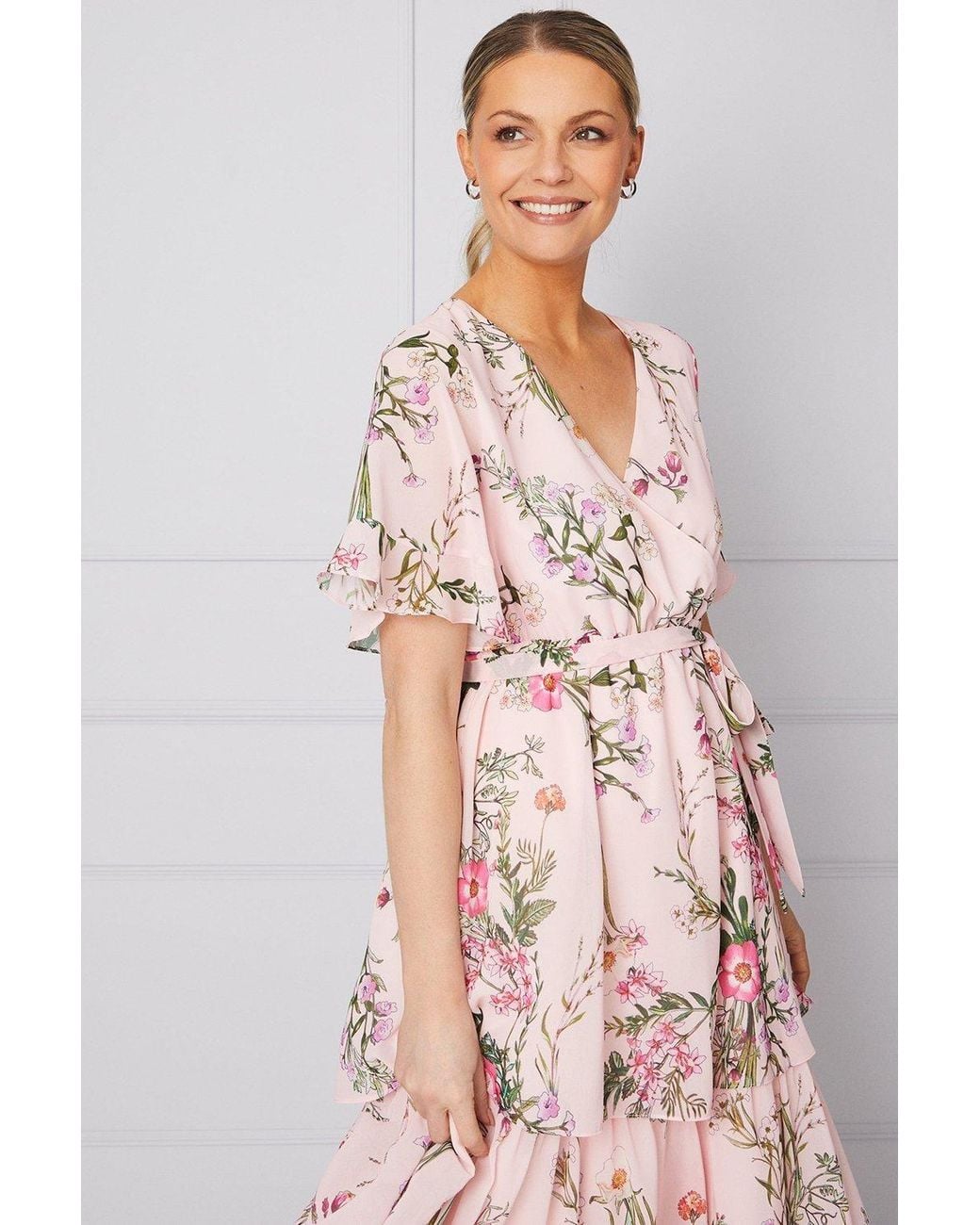Wallis Pink Occasion Floral Print Ruffle Midi Dress