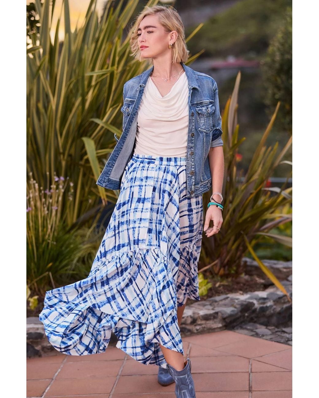 Joe Browns Blue Check Print Hanky Hem Maxi Skirt