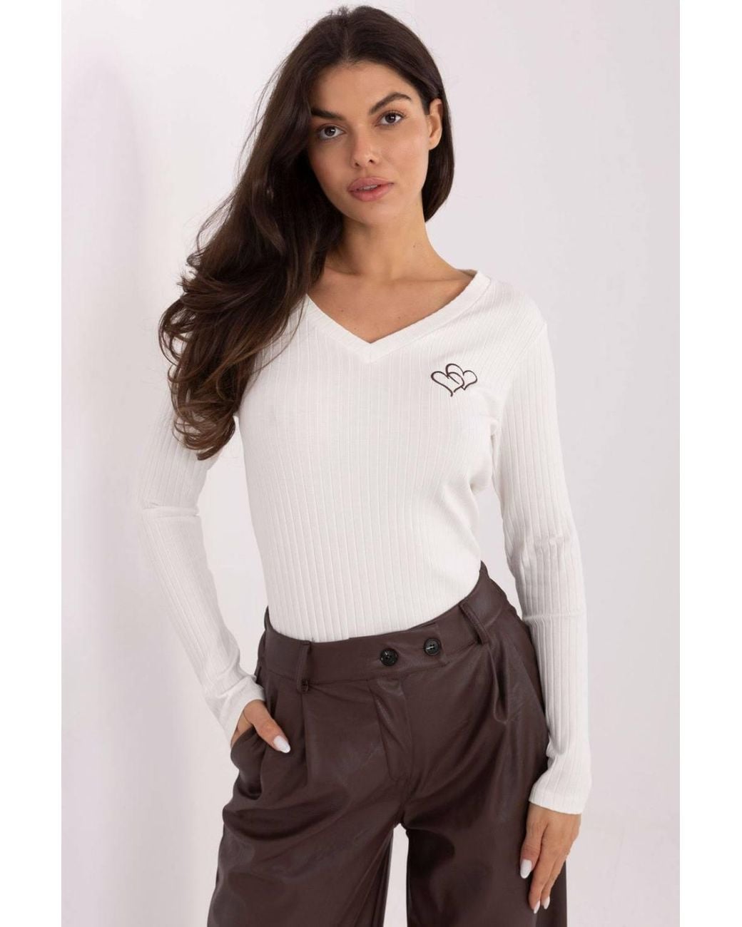 Love Lace White Ribbed Cotton V Neck Blouse With Heart Stitch