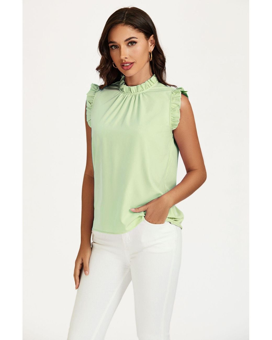 FS Collection Green Frill Trim Sleeve Frill Neck Blouse Top