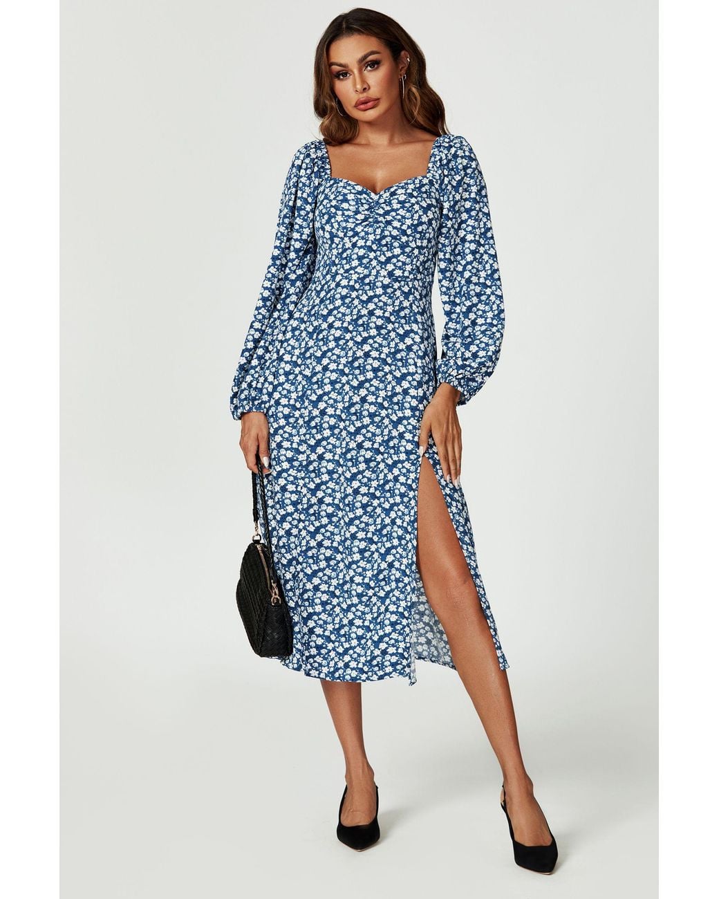 FS Collection Blue Floral Print Long Sleeve Heart Neckline Midi Dress