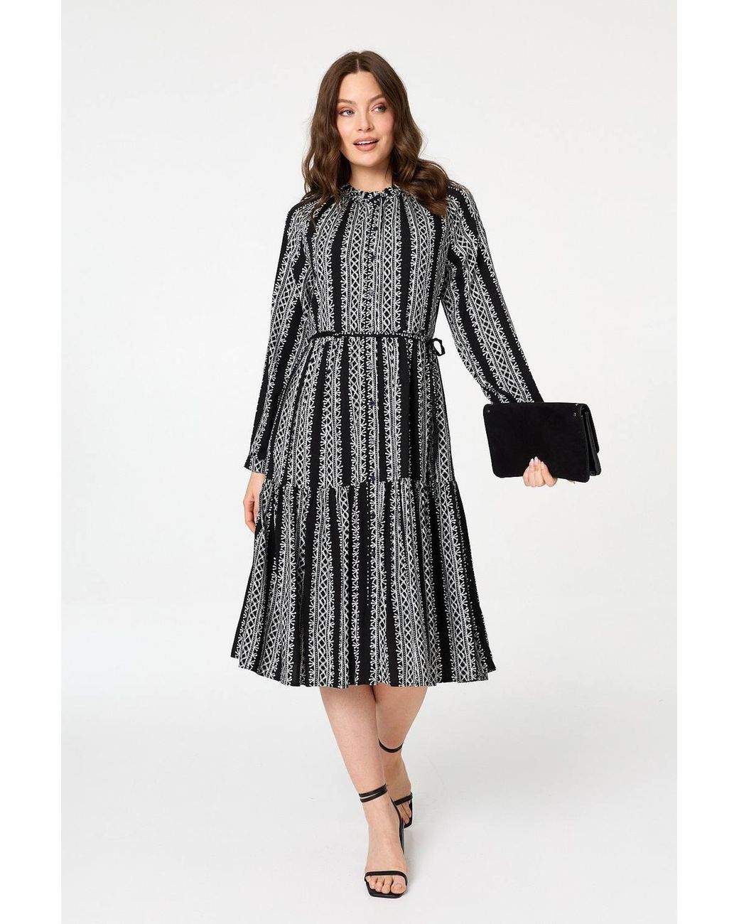 Izabel London Black Geo Print Tiered Long Sleeve Midi Dress