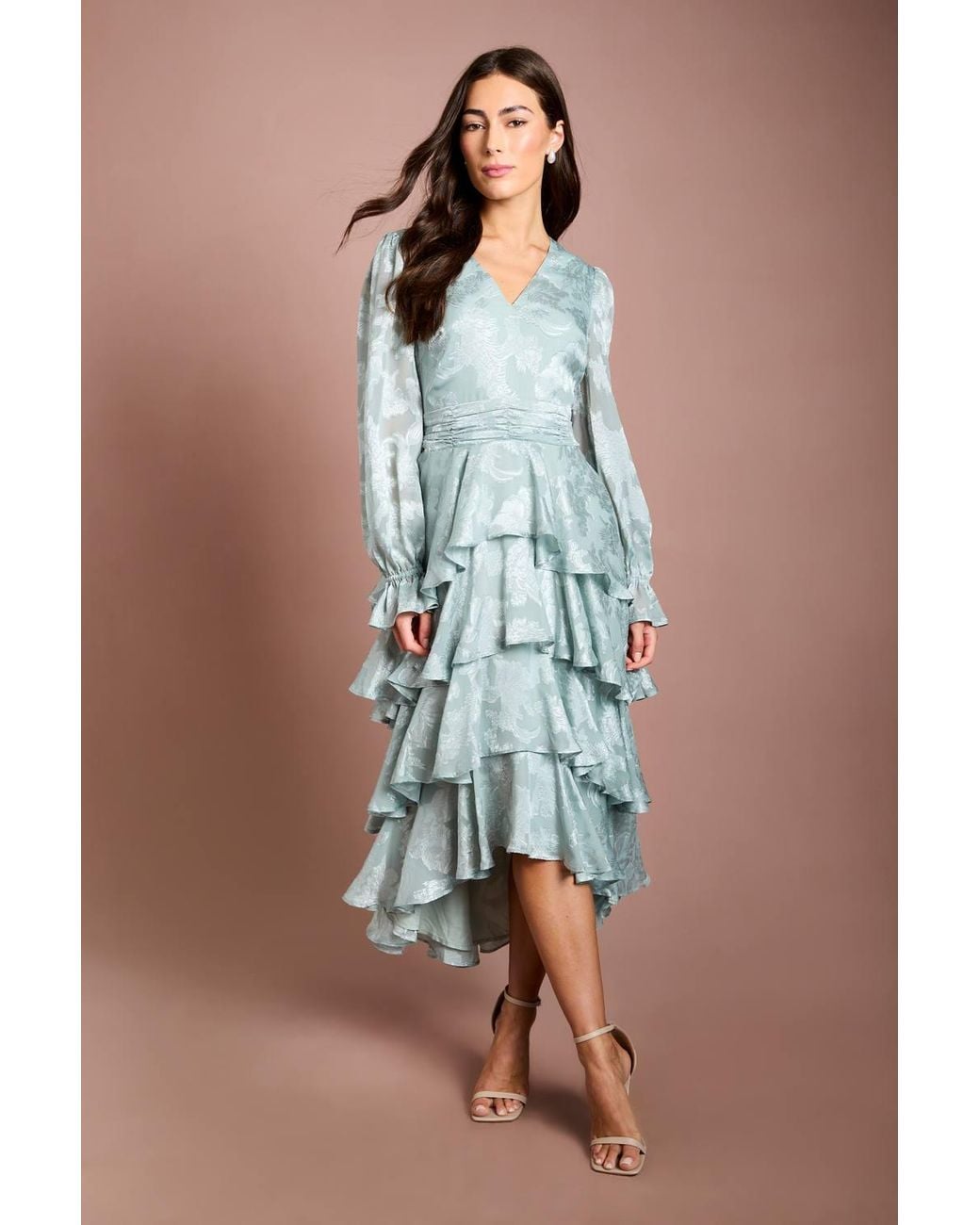 Coast Blue Satin Jacquard Tiered Blouson Sleeve Midi Dress