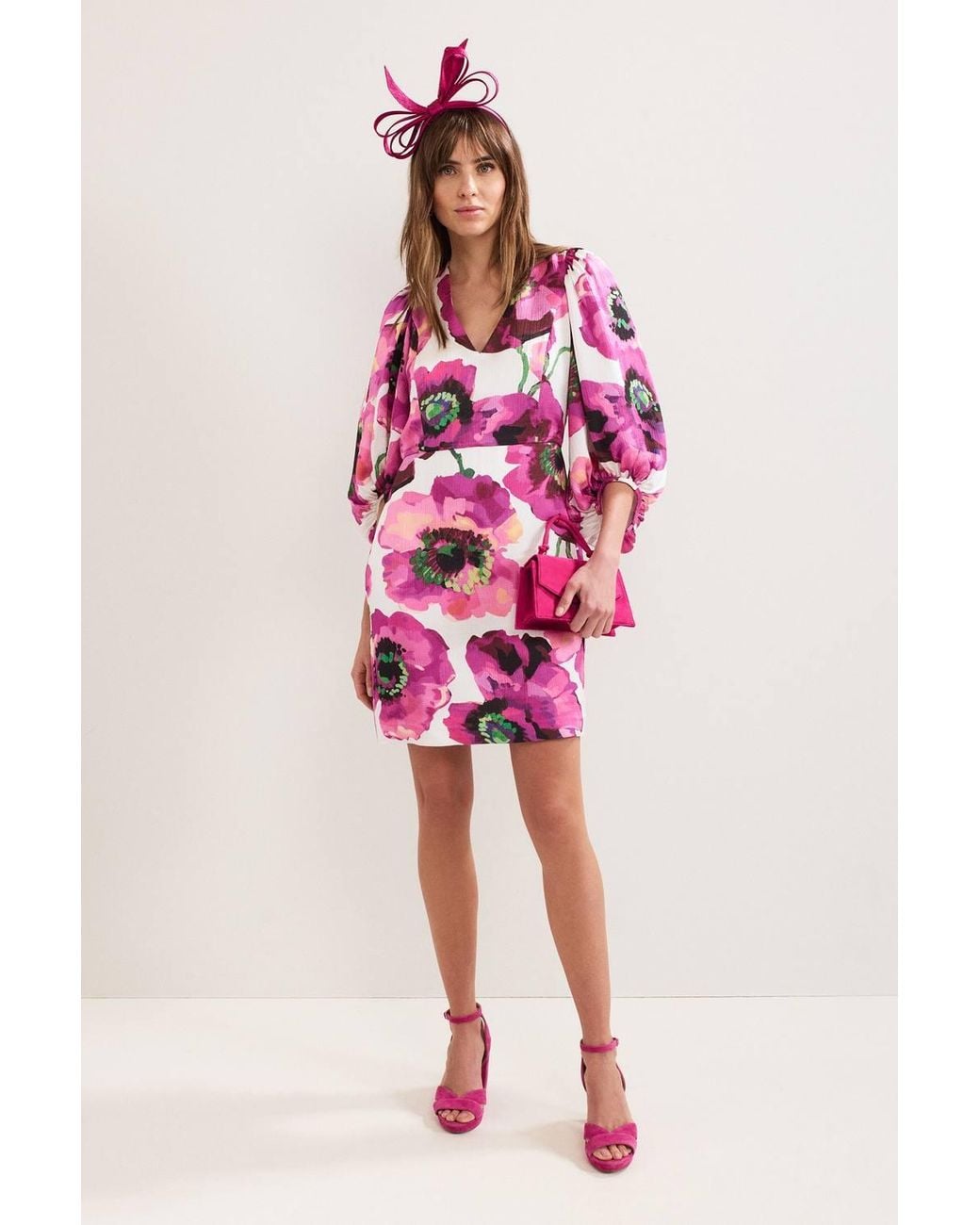 Phase Eight Pink Fiona Puff Sleeve V-Neck Dress