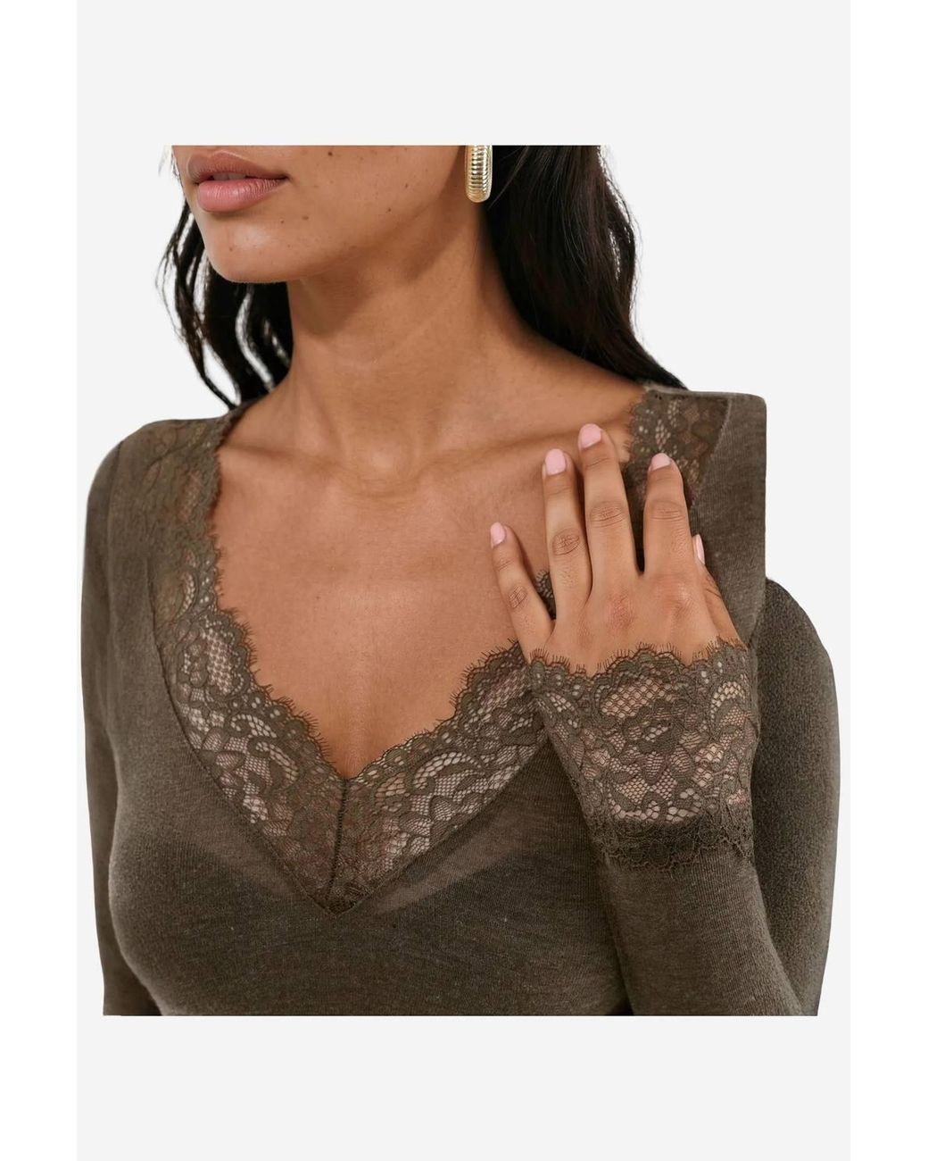 Busem Brown Long-Sleeve Lace V-Neck Top
