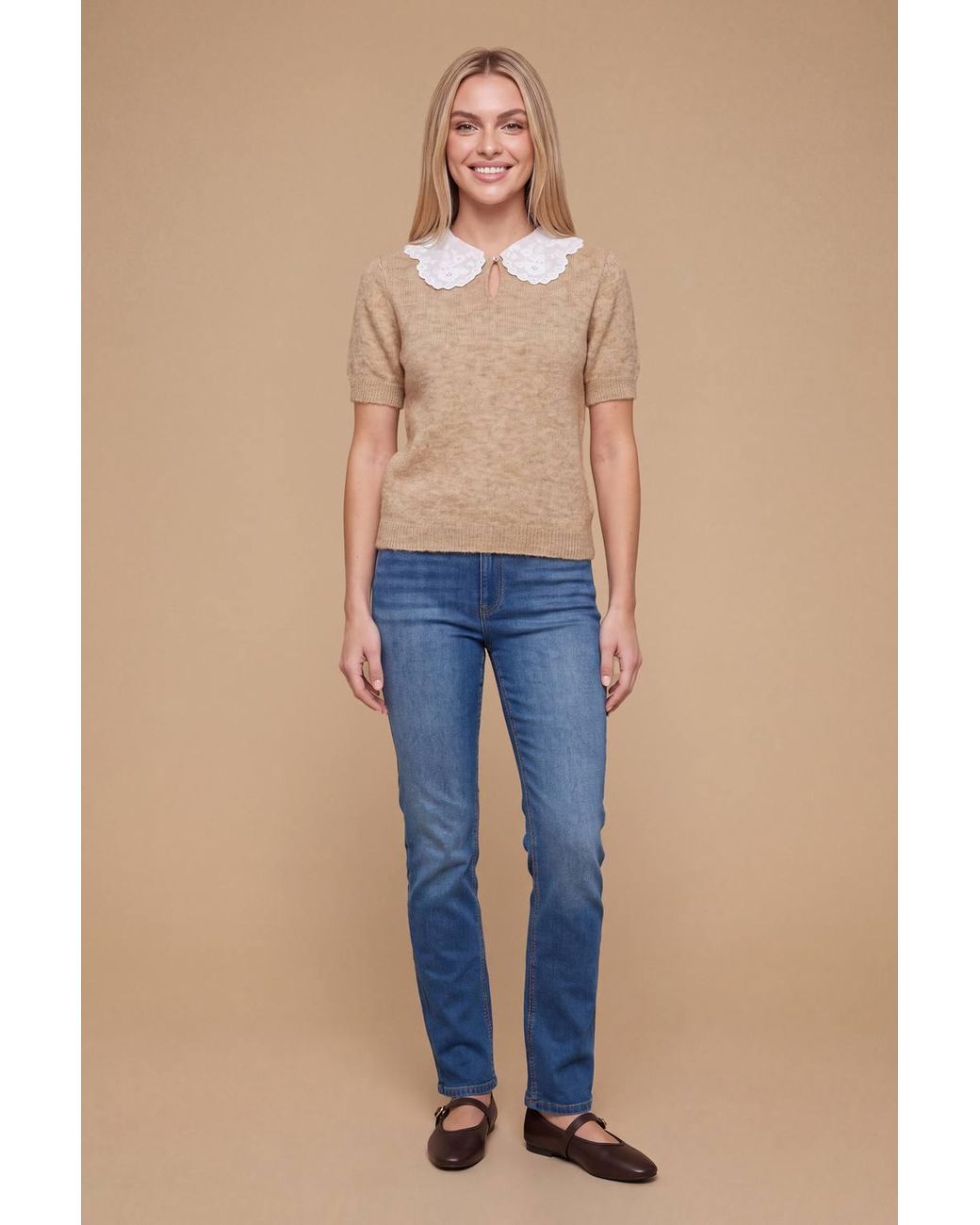 Dorothy Perkins Blue Broderie Woven Collar Detail Crop Knitted Top