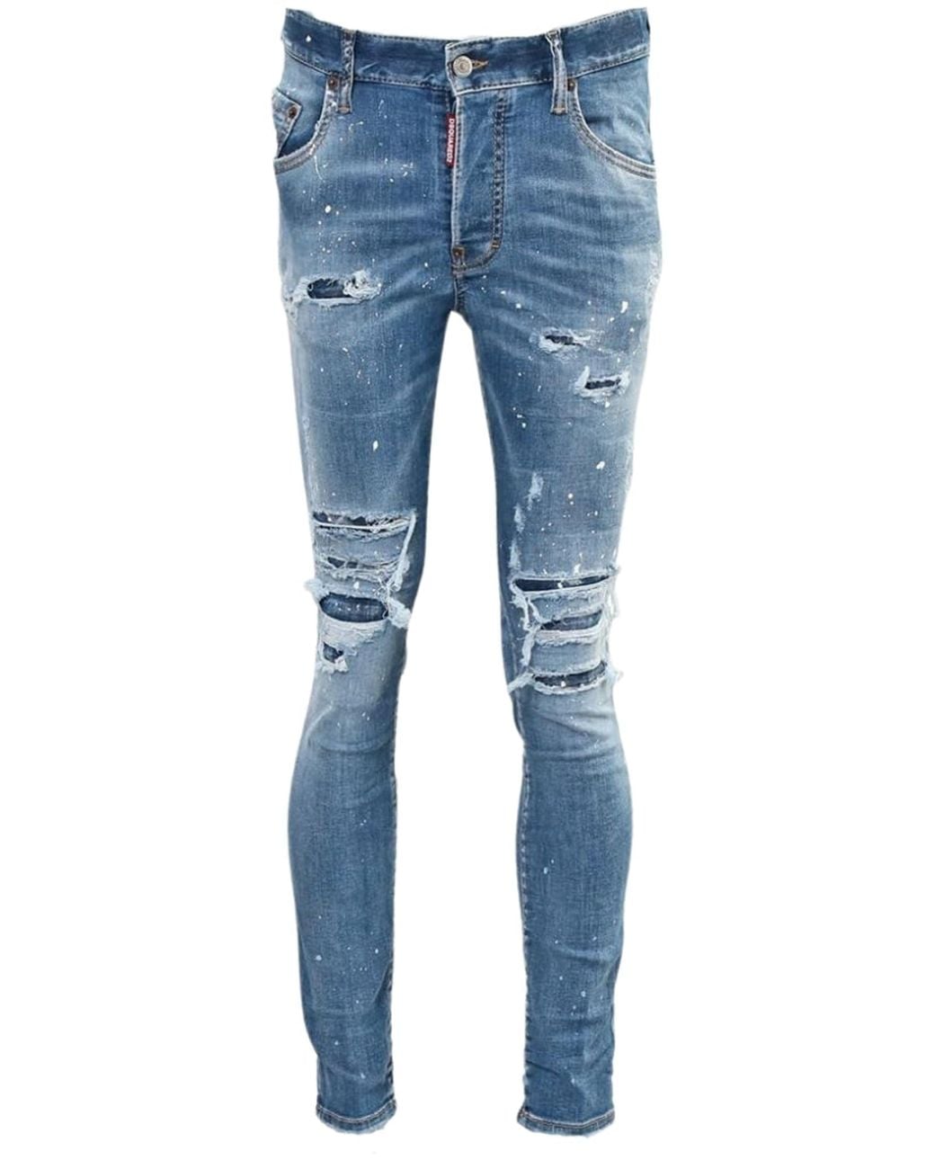 DSquared² Blue Super Twinky Jean Paint Splash Reinforced Ripped Jeans for men