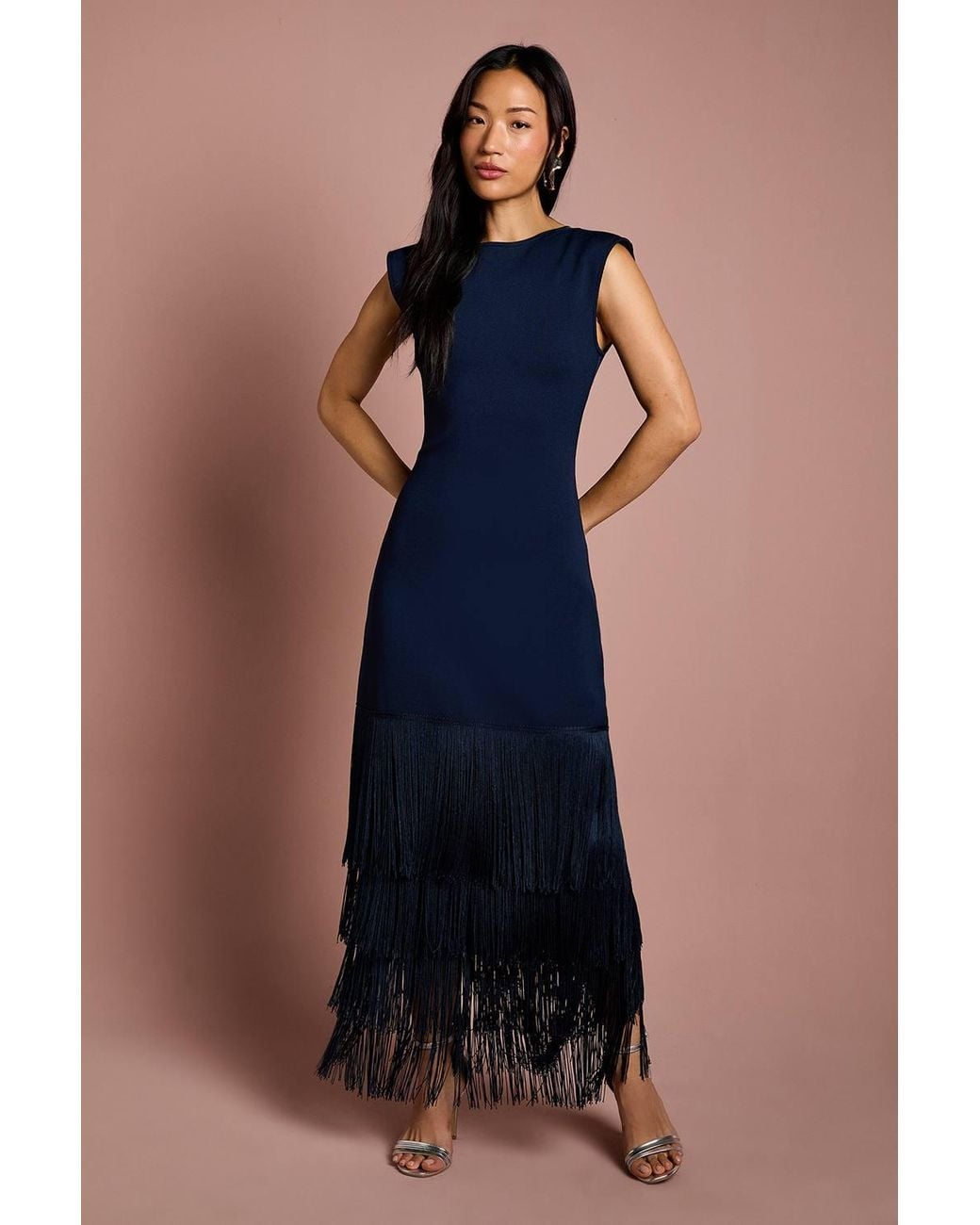 Coast Blue Bandage Knit Fringed Hem Midi Dress