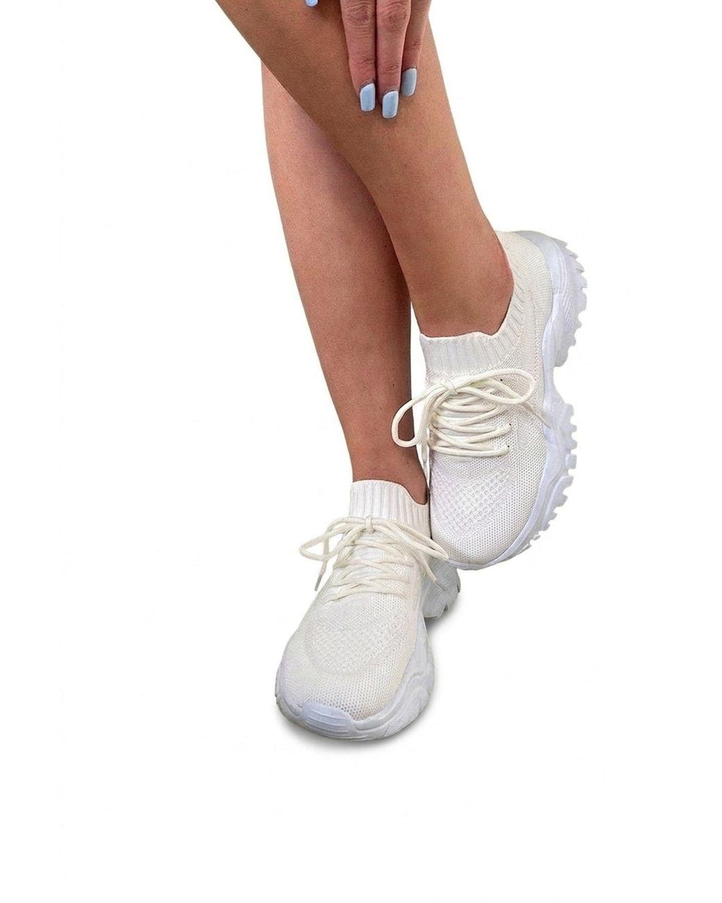 IKRUSH White Ava Lace Up Sock Trainer With Chunky Sole & Knit Upper