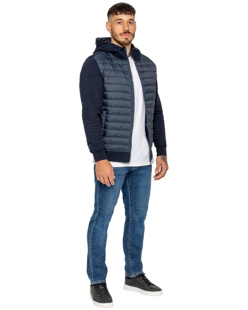 Enzo Blue Hooded Quilted Hybrid Jacket for men
