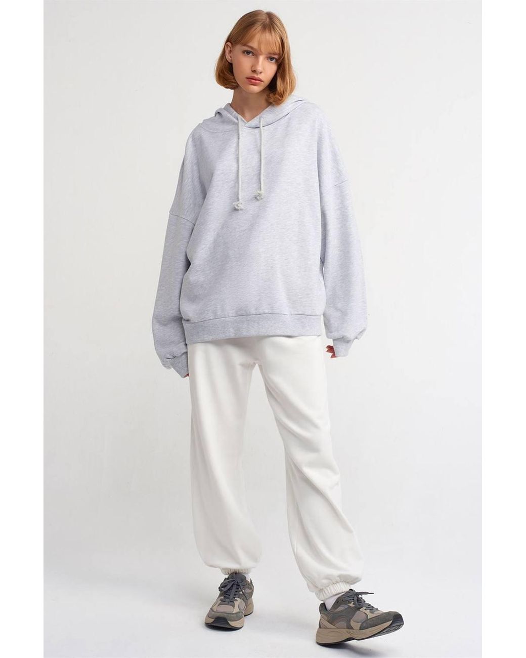 Dilvin White Oversized Cotton Hooded Sweatshirt