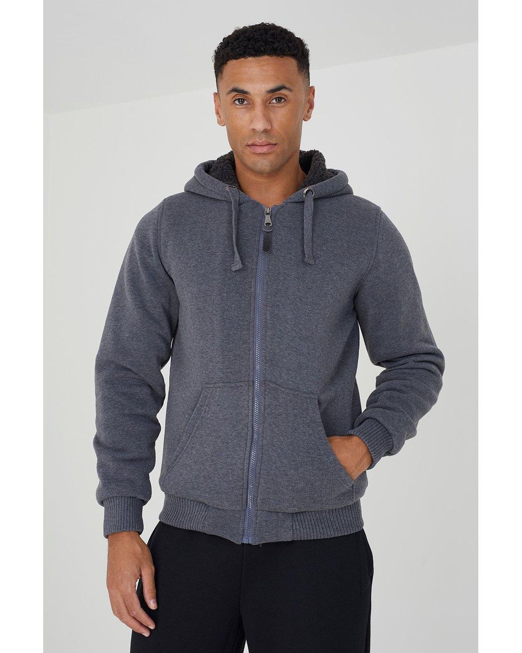 Brave Soul zone Borg Lined Zip Through Hoodie in Blue for Men