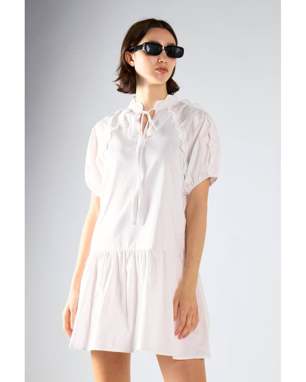 Shnoo White Tie-Neck Smock Mini-Dress