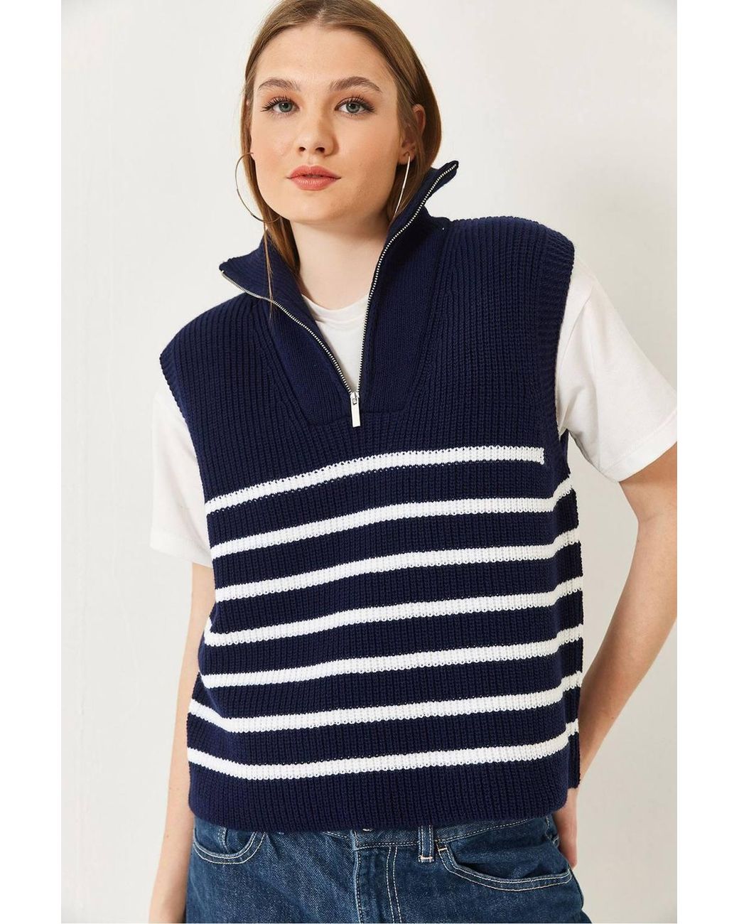 Bianco Lucci Blue Striped Knitwear Sweater Vest With Zipper Collar