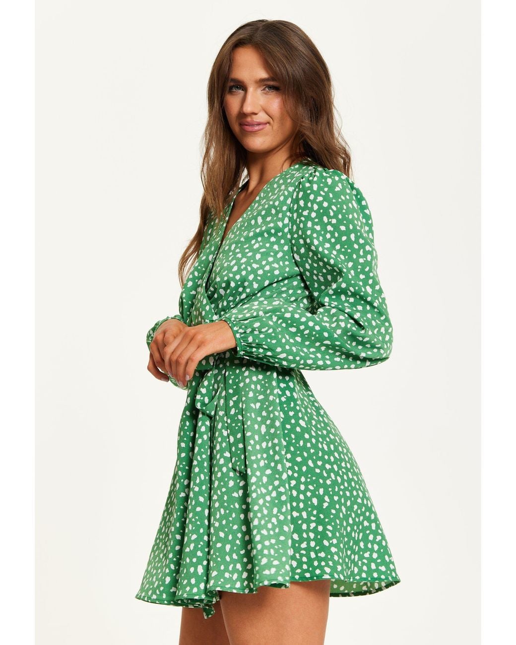 Liquorish Green Animal Print Mini Wrap Dress With Long Sleeves
