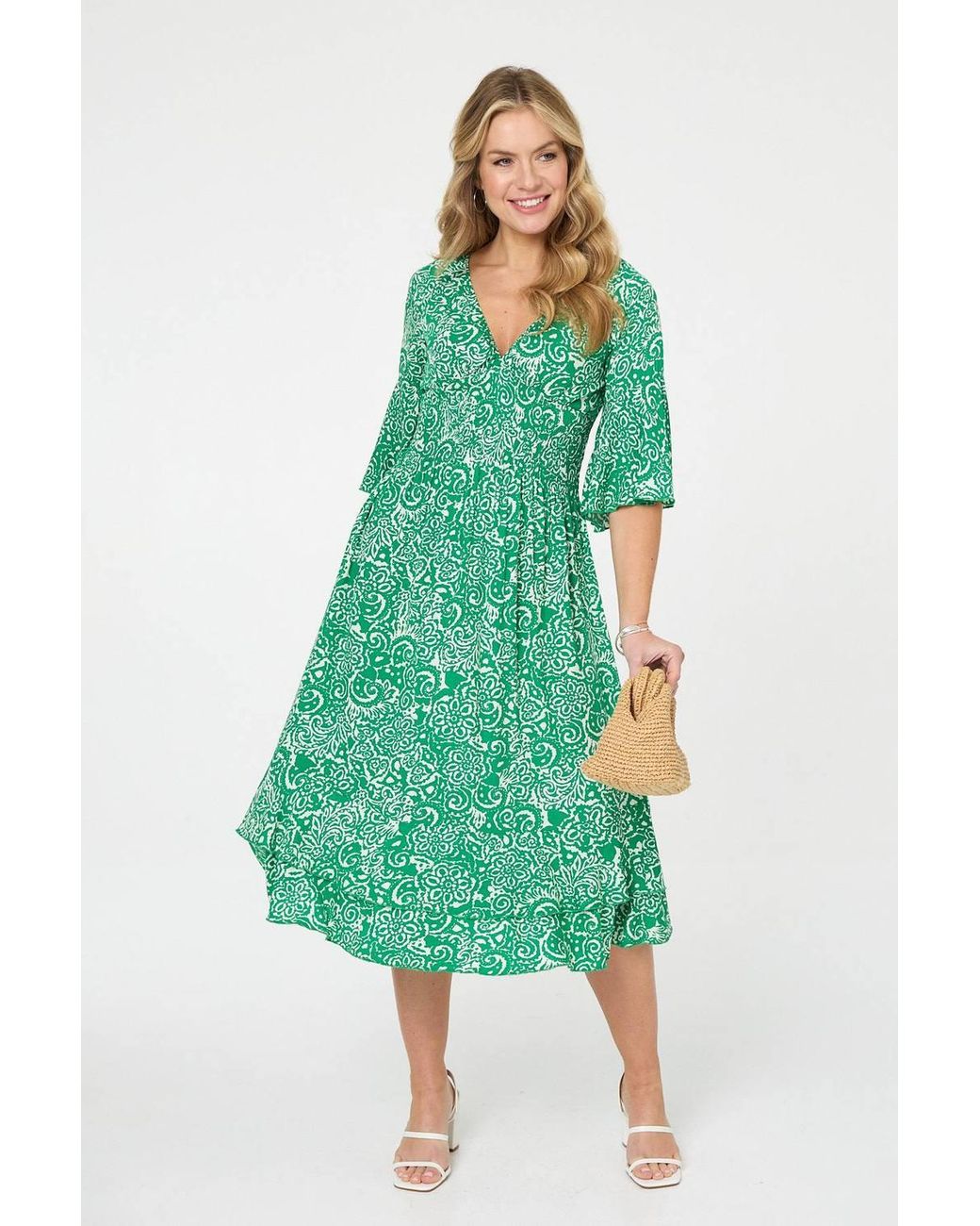 Izabel London Green Printed 3/4 Sleeve Layered Midi Dress