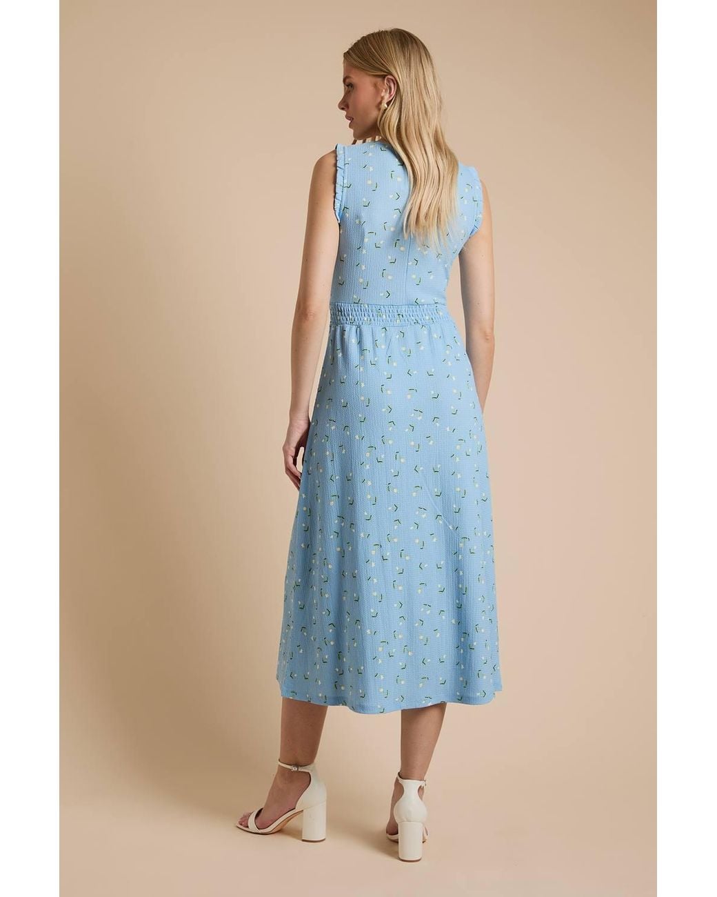 Dorothy Perkins Blue Ditsy V Neck Shirred Waist Printed Jersey Midi Dress