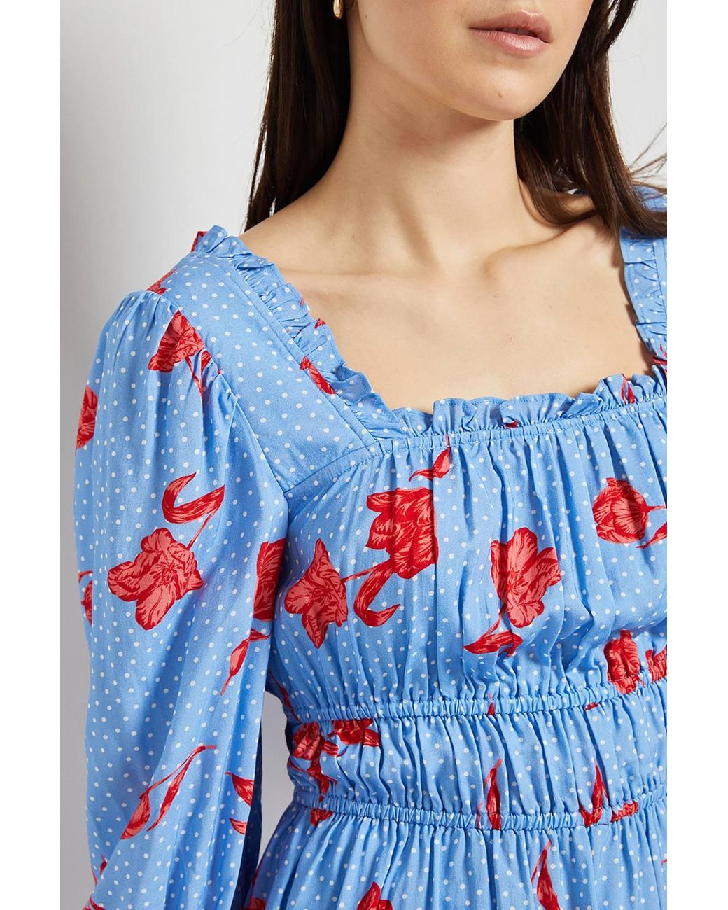Dorothy Perkins Blue Floral Square Neck Blouson Sleeve Top