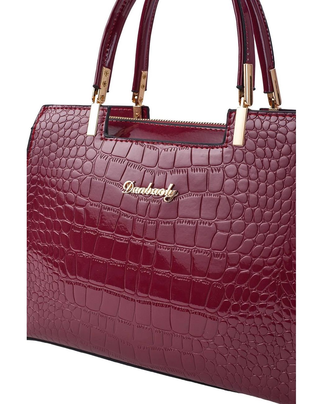 MODISHION Red Glossy Pu Croc-Embossed Handbag With Crossbody Strap
