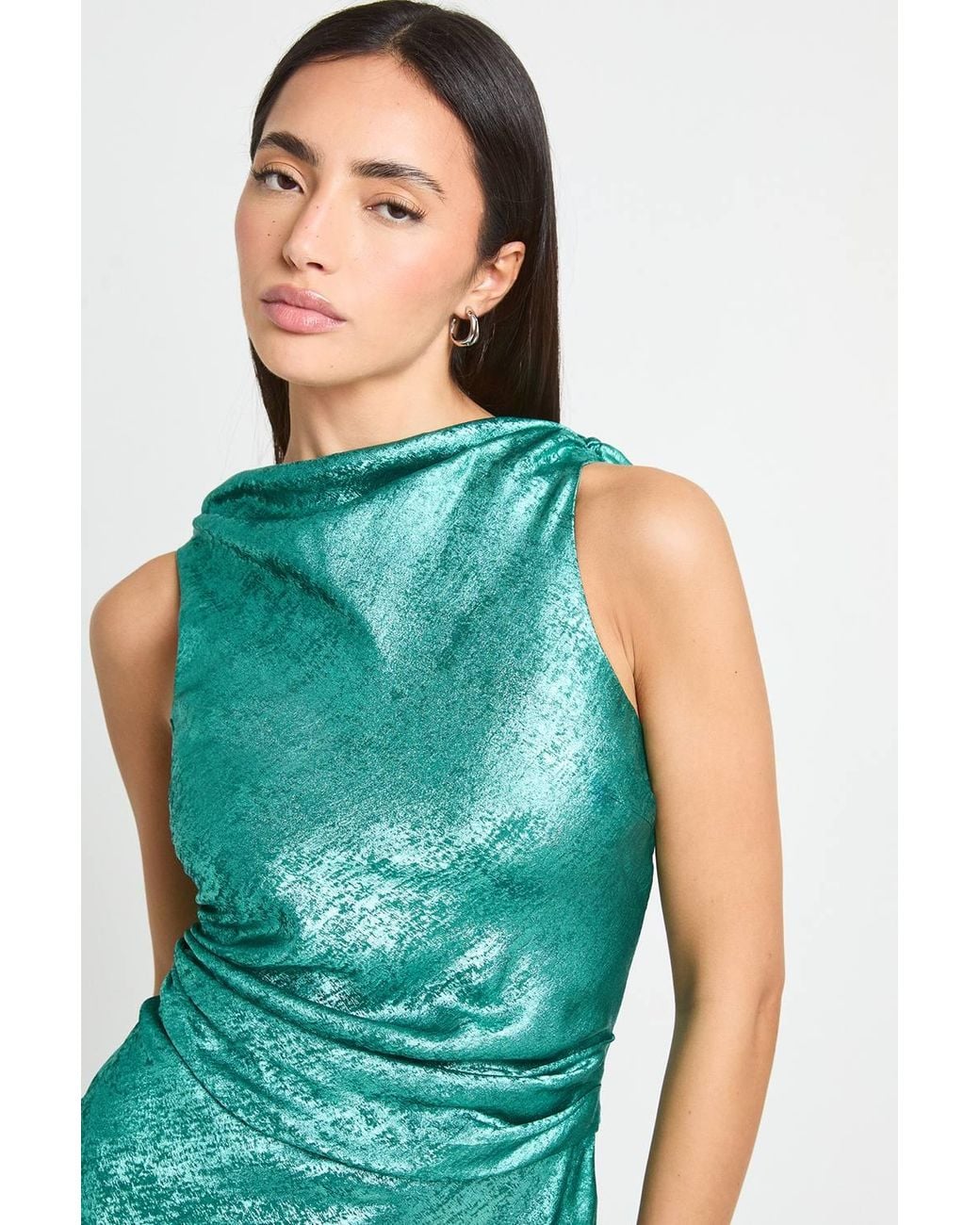 Warehouse Red Liquid Metallic Lame Draped Maxi Bias Dress