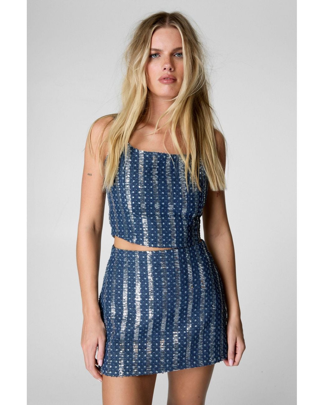 Nasty Gal Blue Sequin Denim Corset Top