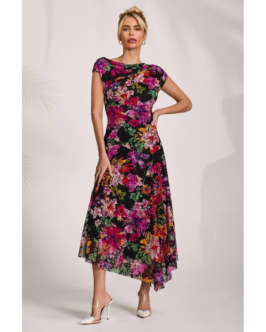Jolie Moi Red Asymmetric Draped Print Lace Maxi Dress
