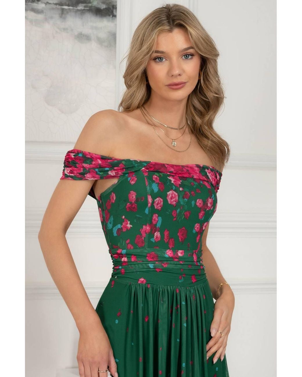 Jolie Moi Green Oliana Mesh Bardot Neckline Dress
