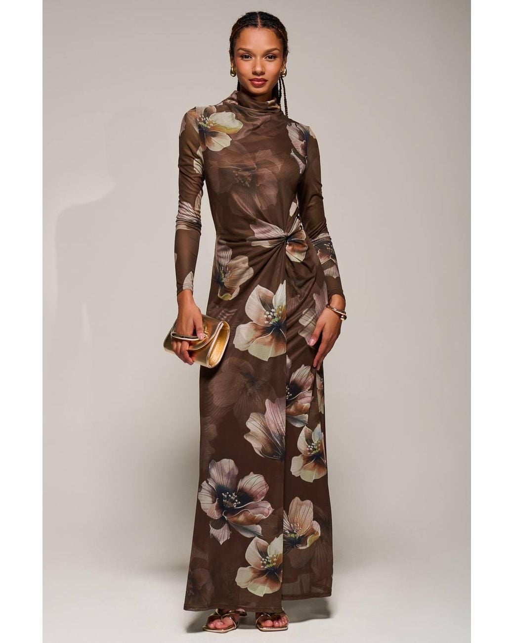 Jolie Moi Natural High Neck Long Sleeve Mesh Maxi Dress