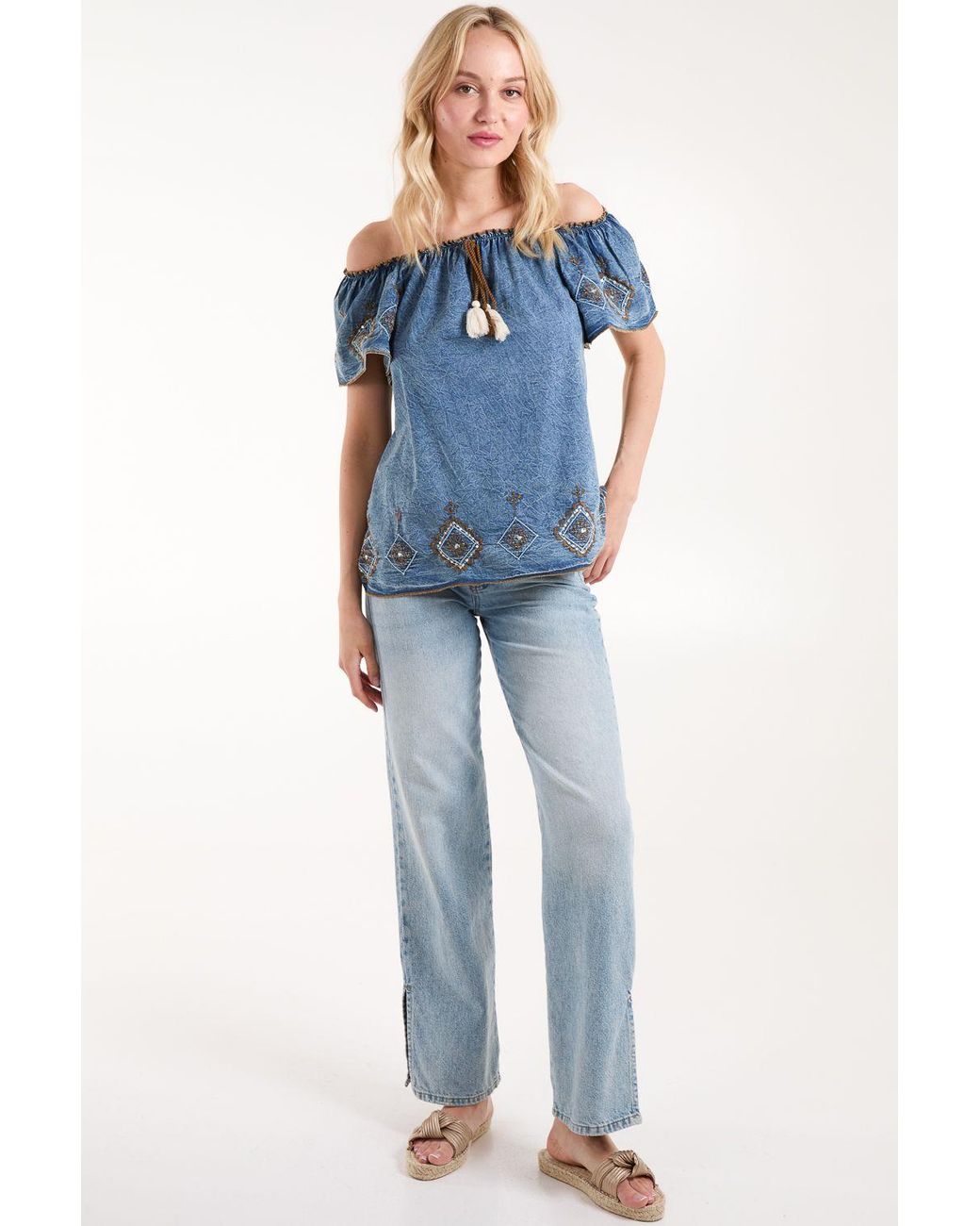 Blue Vanilla Blue Denim Embroidered Bardot Top