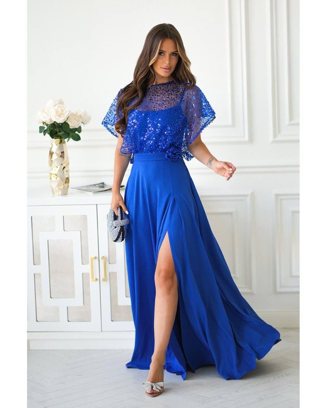Love Lace Blue Evening Sequin Strappy Elegant Maxi Dress