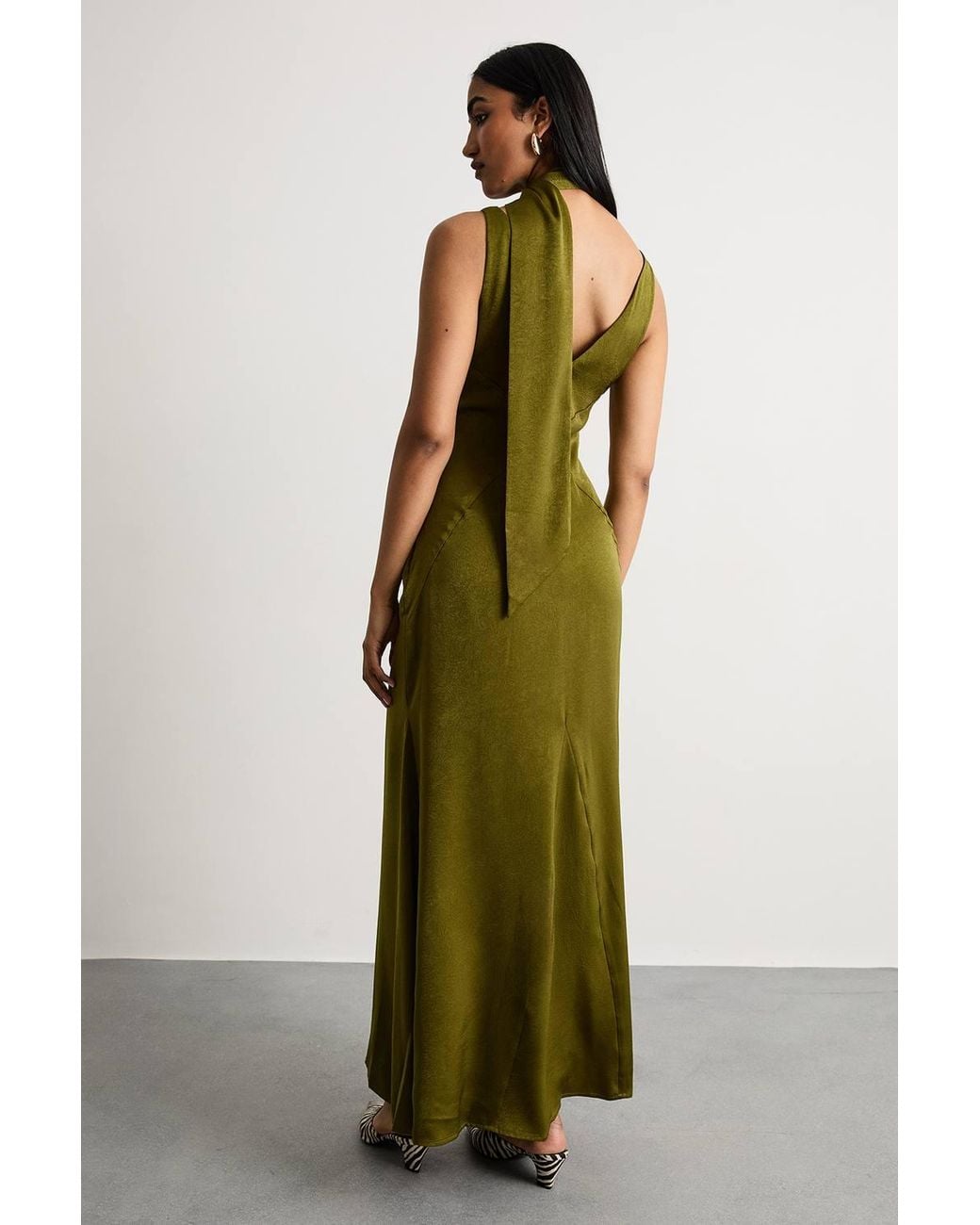 Warehouse Green Plain Scarf Detail Tie Neck Maxi Dress