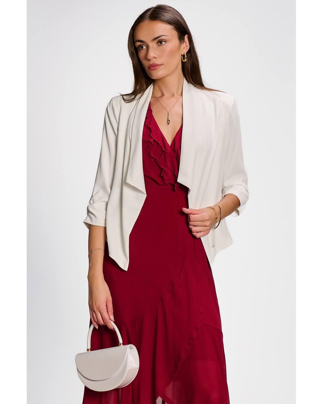 Jolie Moi Red Draped Open Collar Blazer
